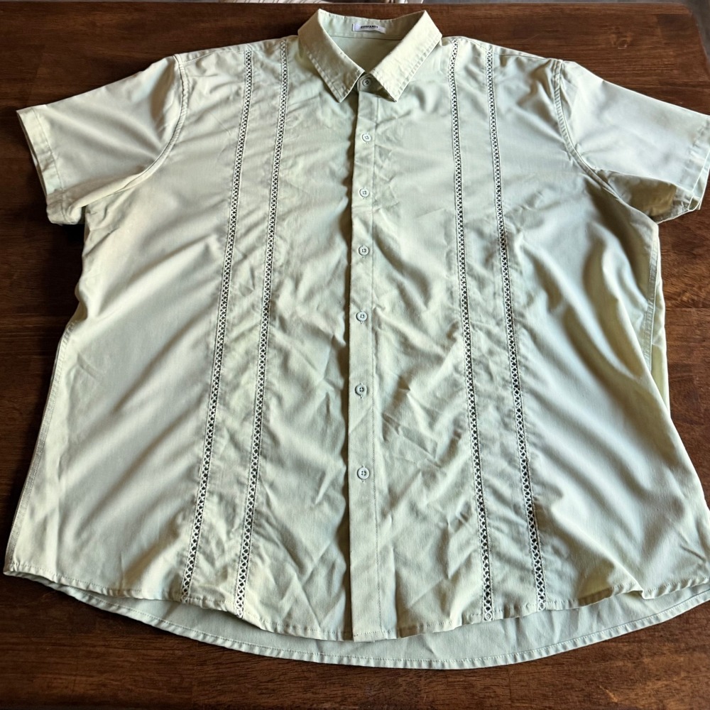 Coofandy Mens 3XL Guayabera Shirt Short Sleeve Crochet Lace Panel Sage Green